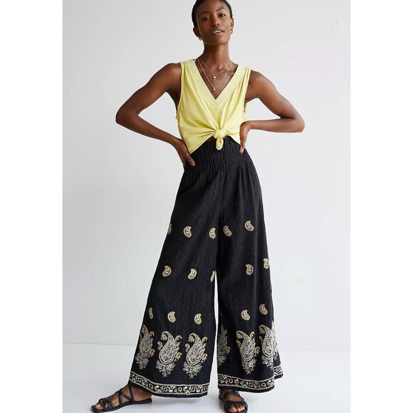 Anthropologie Smocked Wide-Leg Embroidered Pantssize Medium